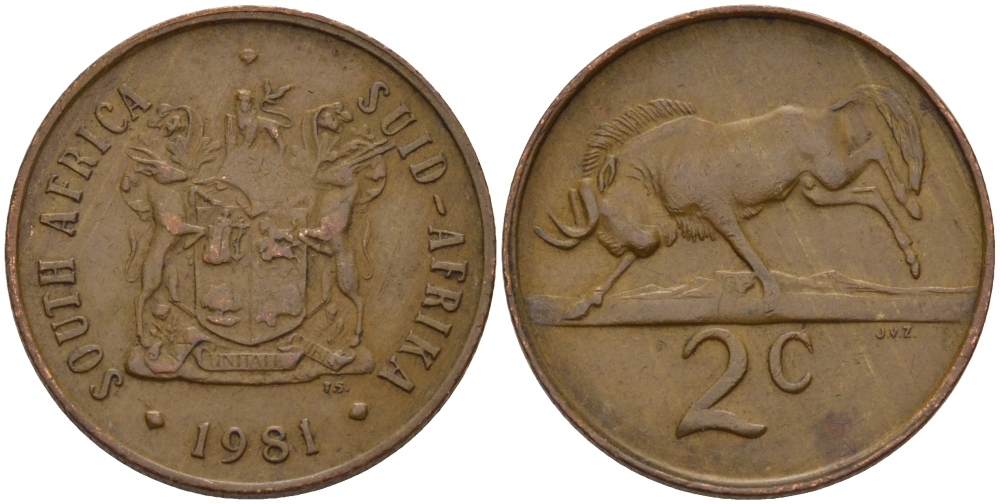 ЮАР 2 цента 1981 герб, антилопа гну KM 83 бронза 67-343