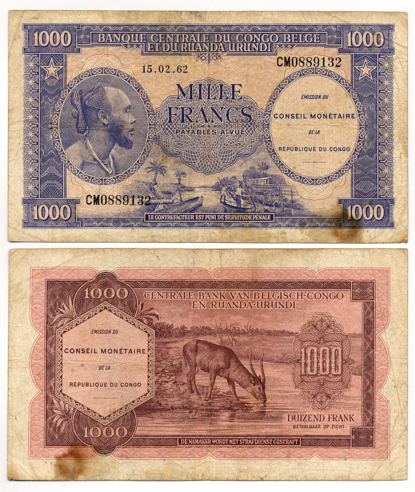 БЕЛЬГИЙСКОЕ КОНГО 1000 ФРАНКОВ 1962 РУАНДА-БУРУНДИ, АНТИЛОПА Pick 2a бумага 451-364-1