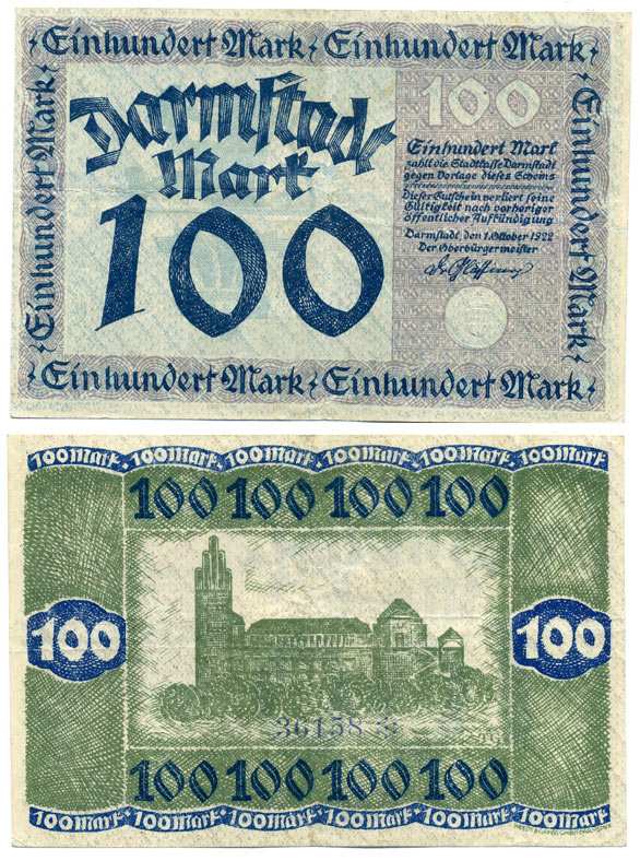 Германия, Дармштадт 100 марок 1922 1 октября 1922, нотгельд, земля Гессен, номер, снежинка, голубая, слабо пропечатана Muller 965.1d  бумага  VF+ 8613-33-2-2