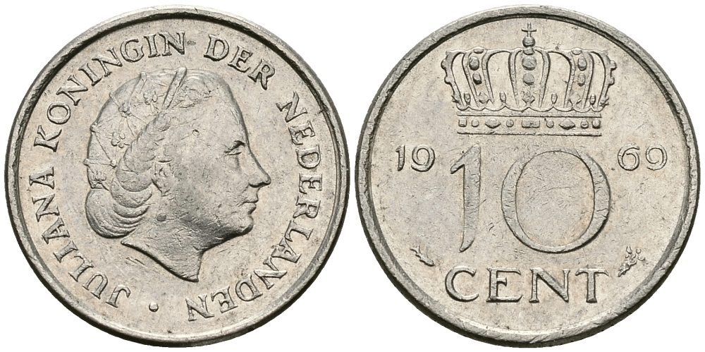 Нидерланды 10 центов 1969 Юлиана (1948-1980) KM 182 никель 96-416