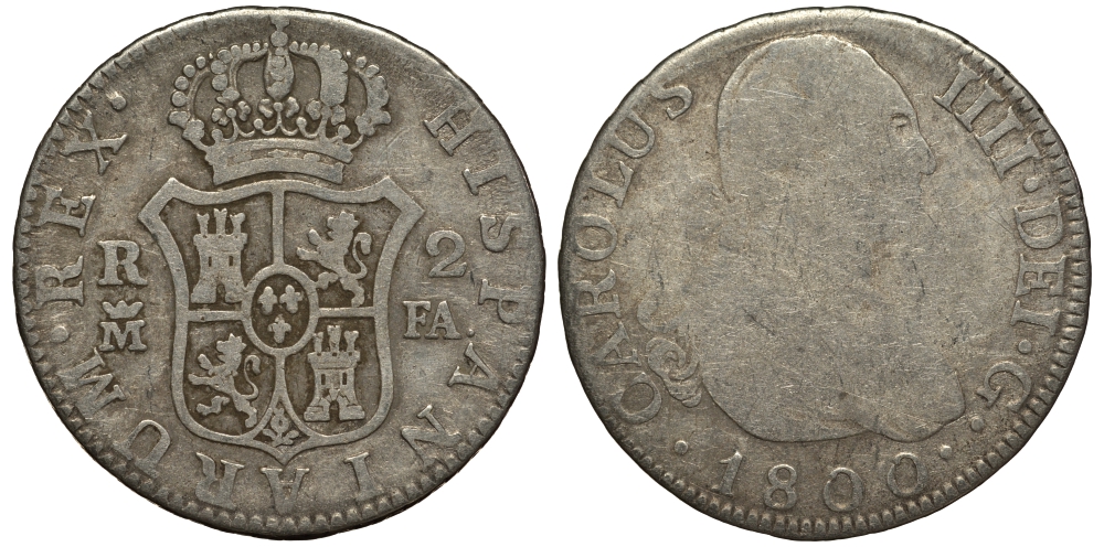 Испания 2 реала 1800 M FA, мондвор (Мадрид), Карлос IIII (1788-1808) KM 430.1 (C69.1) серебро 650-944