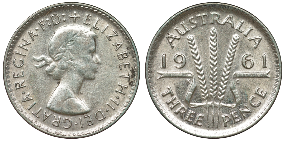 Австралия 3 пенса 1961 m, Елизавета II (1952-2022) KM 57 серебро 71-738
