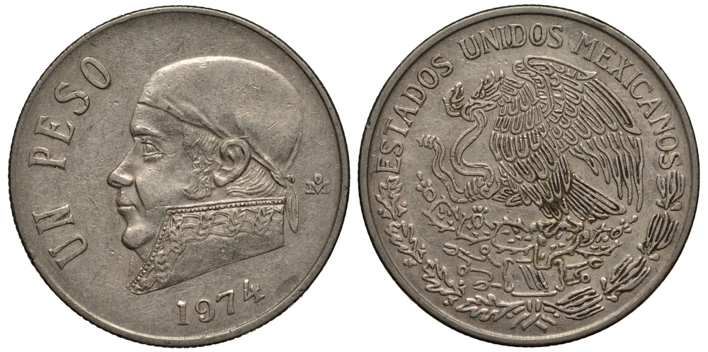Мексика 1 песо 1974 Хосе Мария Морелос KM 460 медно-никель VF 215-914