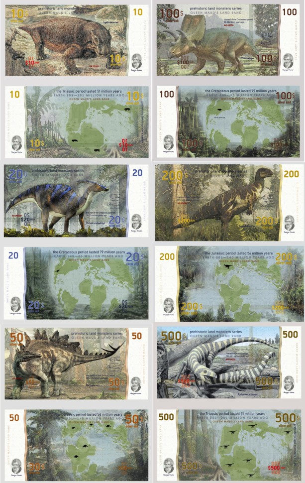 Земля Королевы Мод набор из 6 банкнот ND доисторические травоядные динозавры  полимерная бумага  UNC (пресс) 448-97-1