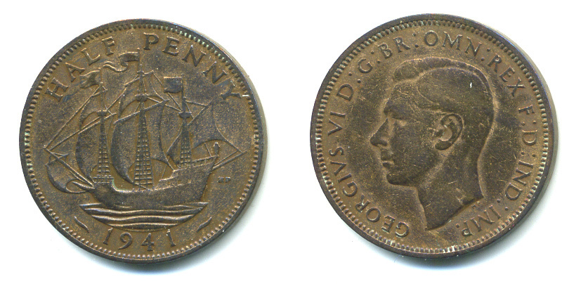 Великобритания 1/2 пенни 1941 Георг VI (1936-1952) KM 844, Spink 4115 бронза 59-714