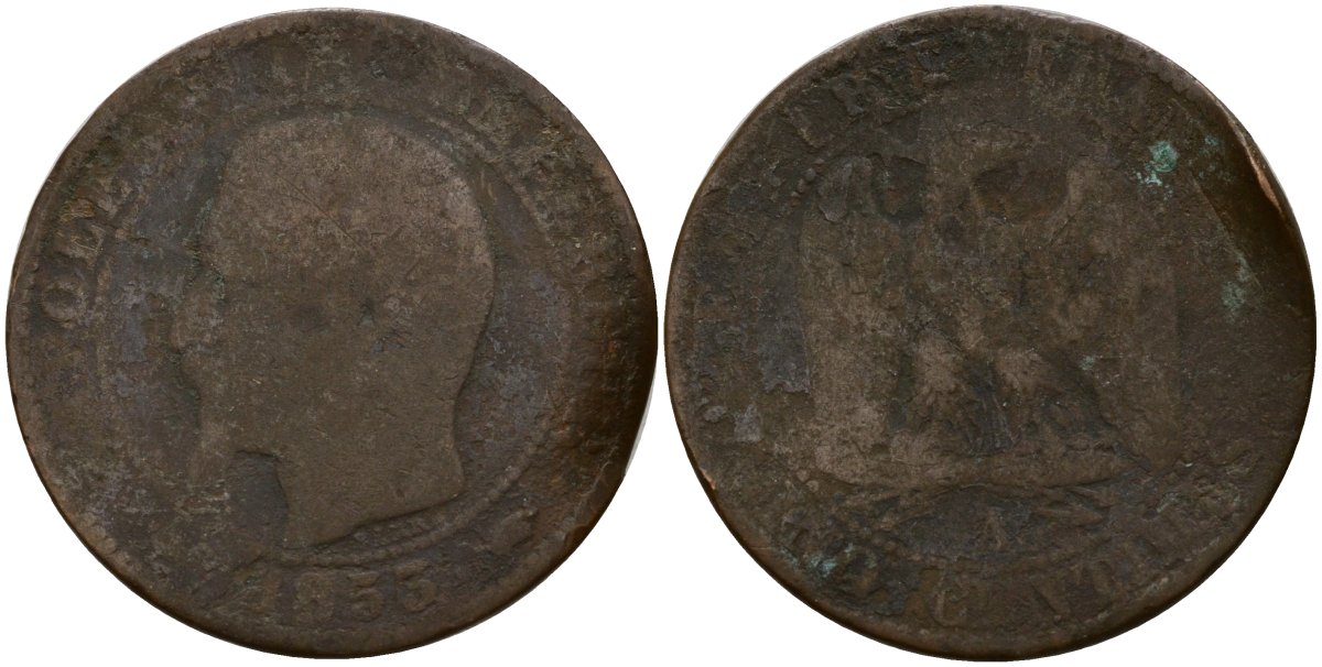Франция 5 сантимов 1855 A, Наполеон III (1852-1870) KM 777.1, Le Franc 116.16 бронза 4187-1024