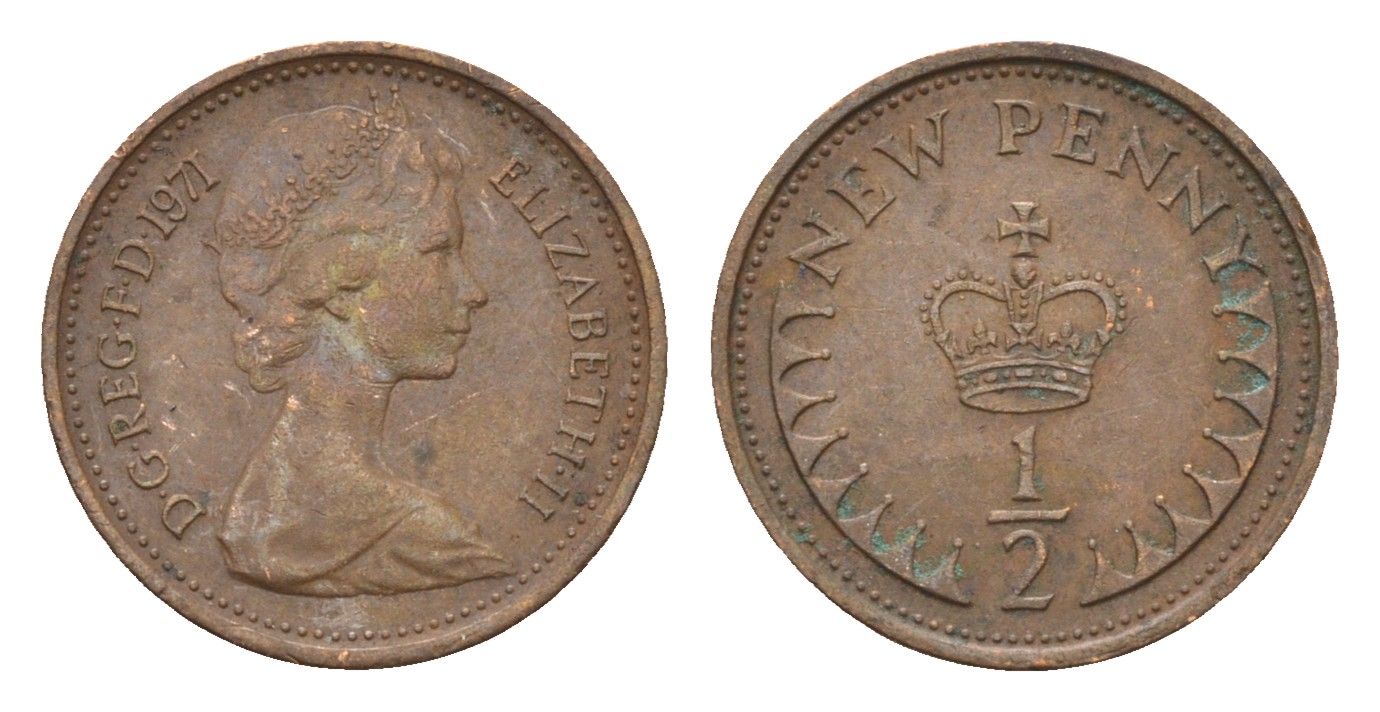 Великобритания 1/2 пенни 1971 Елизавета II (1952-2022) KM 914, Spink 4239 бронза 4697-866