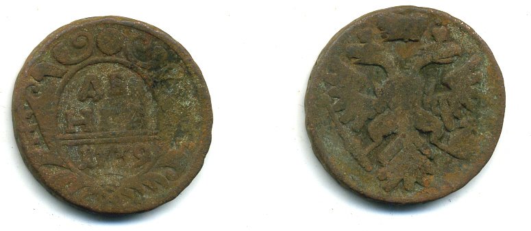 РОССИЯ 1 ДЕНЬГА 1739 медь 29-516