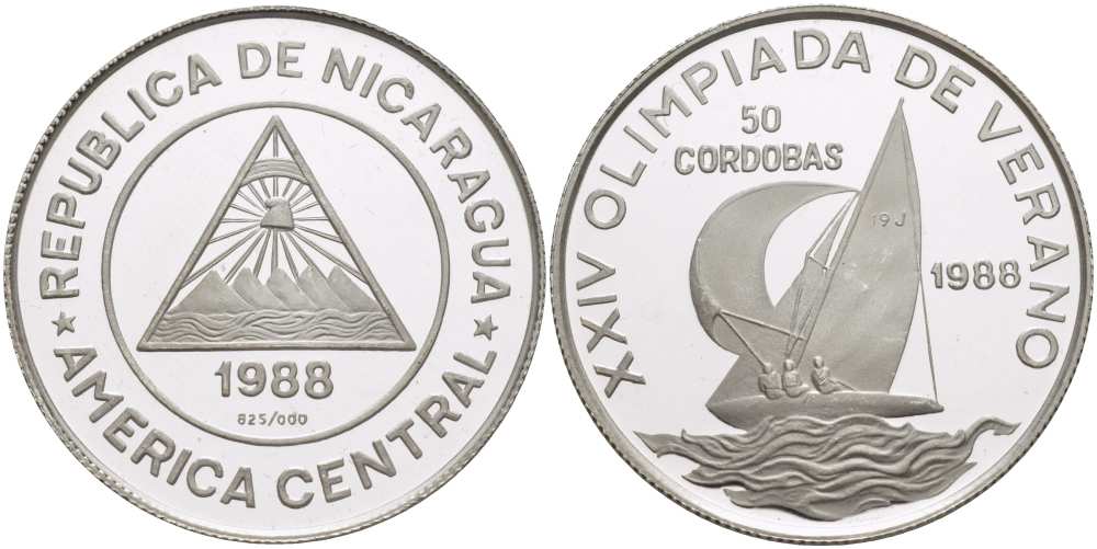 Никарагуа 50 кордоба 1988 XXIV ЛЕТНИЕ ОЛИМПИЙСКИЕ ИГРЫ В СЕУЛЕ 1988 ГОДА, РЕГАТА, ЯХТА KM 62 серебро PROOF 00-00