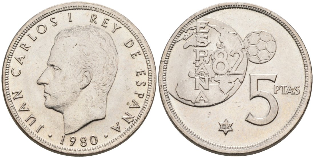 Испания 5 песет 1980(82) чемпионат мира по футболу 82, Хуан Карлос I (1975-2001) KM 817 медно-никель 4571-1147