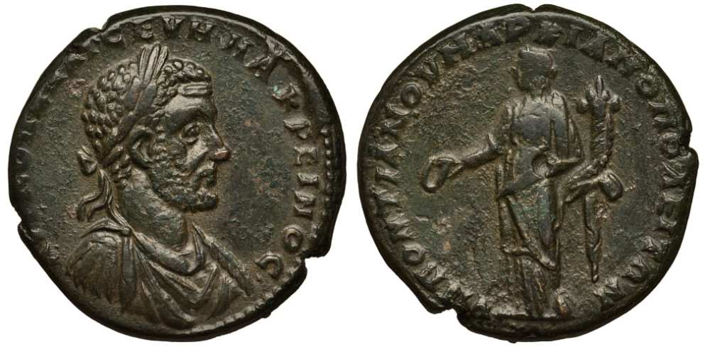 Римская Империя, Провинция Нижняя Мезия, Маркианополь АЕ 217 - 218 Макрин, бюст императора / Омонойя, божество Согласия, 10,59 гр Varbanov 1127 медь 1073-7-64