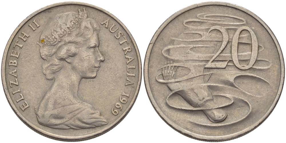 Австралия 20 центов 1969 Елизавета II (1952-2022), утконос KM 66 медно-никель 1524-811