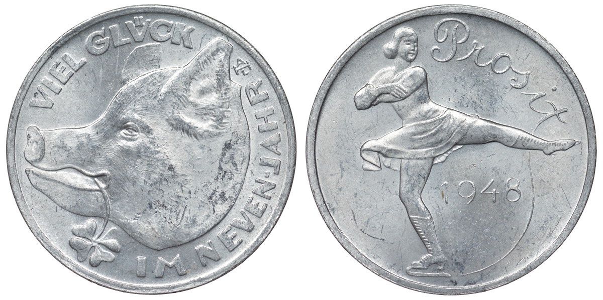 Австрия жетон 1948 удачи в новом году, свинья с клевером и фигуристка алюминий 4121-412