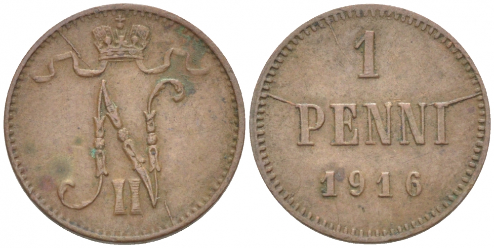 РОССИЯ ДЛЯ ФИНЛЯНДИИ 1 ПЕННИ 1916 НИКОЛАЙ II (1895-1917) KM 13, Биткин 476 медь 211-1032