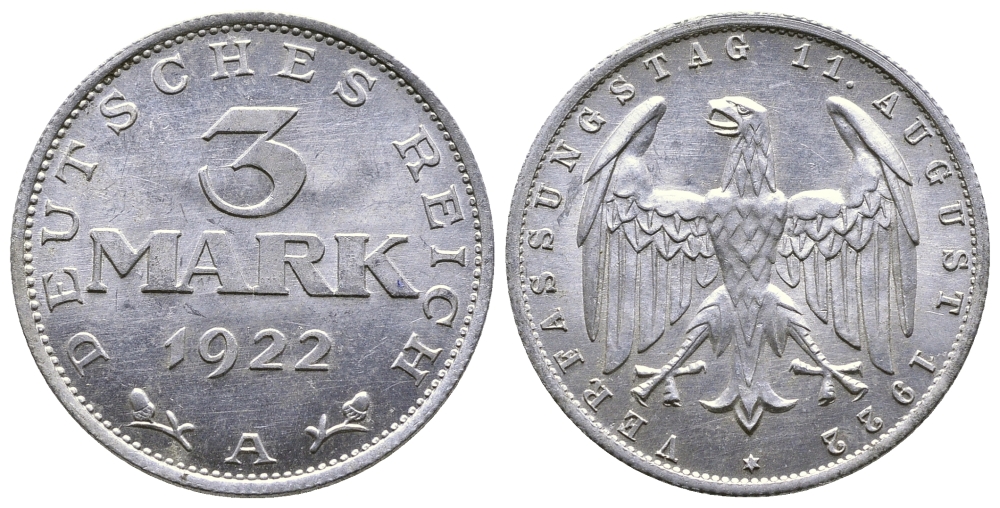 Германия 3 марки 1922 А, третья годовщина Веймарской Конституции KM 29, J. 303 алюминий 4380-744