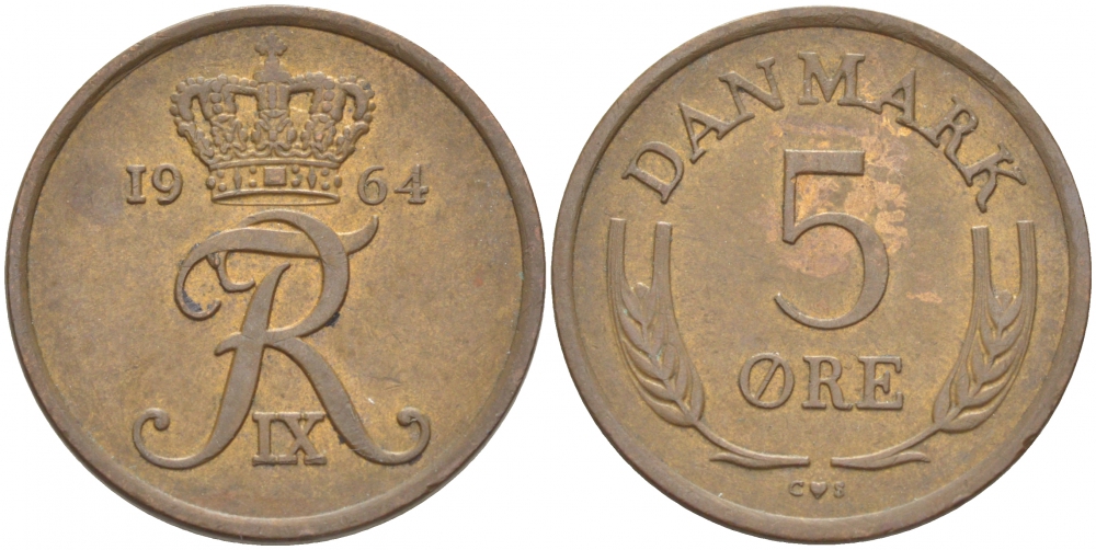 ДАНИЯ 5 ЭРЕ 1964 C; S, ФРЕДЕРИК IX (1947-1972) KM 848.1 бронза 4402-1223
