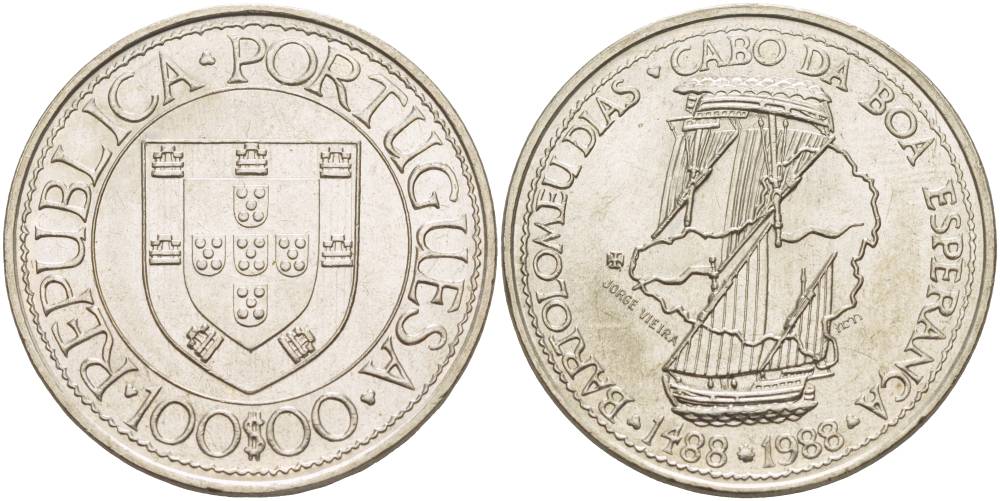 Португалия 100 эскудо 1988 серия золотой век португальских открытий, Бартоломеу Диаш KM 642 медно-никель UNC 4537-612