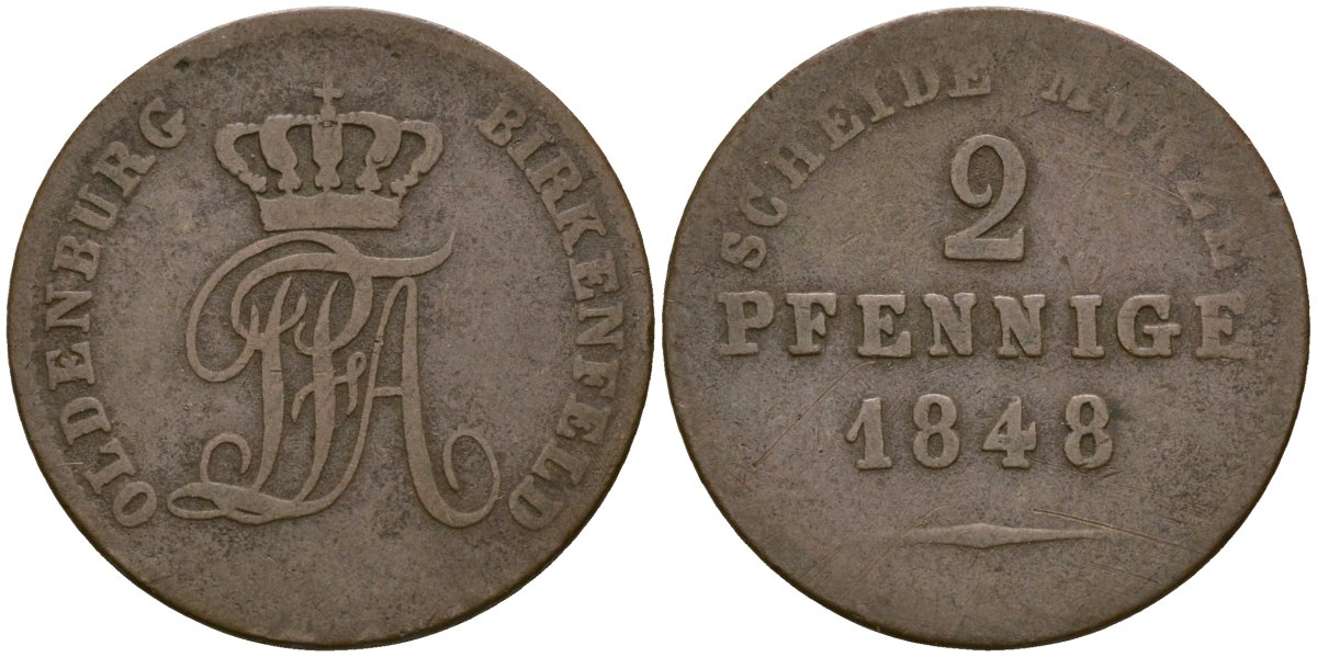 Ольденбург для Биркенфельда 2 пфеннига 1848 KM 7 медь 00-00