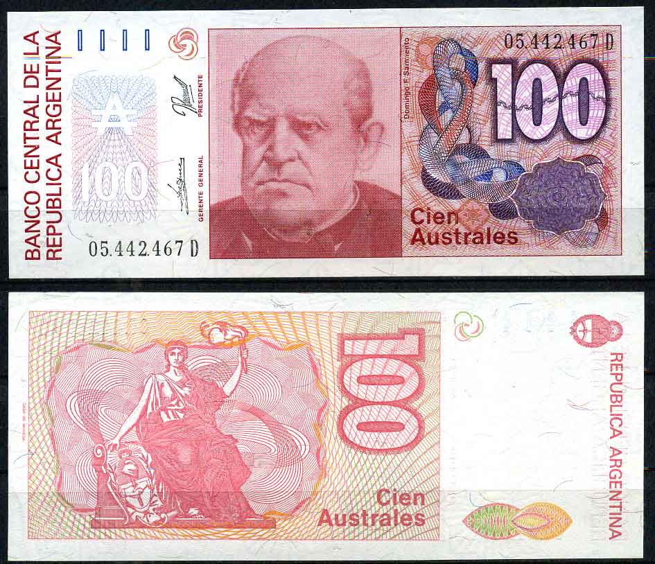Аргентина 100 аустралей 1990 серия D 05442, Фаустино Сармьенто, Аргентинский военный деятель, масон Pick 327c  бумага  UNC (пресс) 7202-8-3