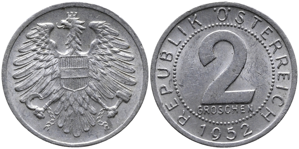АВСТРИЯ 2 ГРОША 1952 KM 2876 алюминий 96-1141