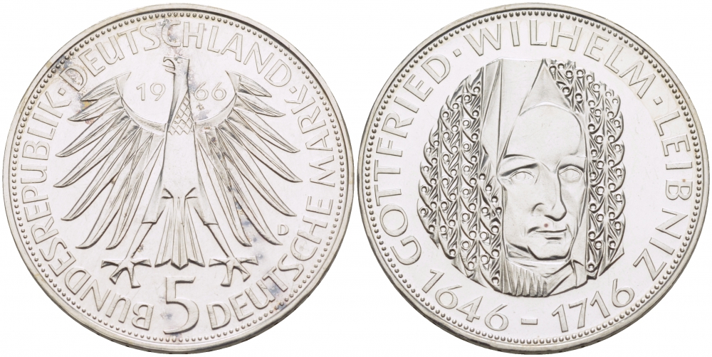 ФРГ 5 марок 1966 D, 250 лет со дня смерти Готфрида Вильгельма Лейбница J. 394, KM 119.1 серебро UNC 650-1244