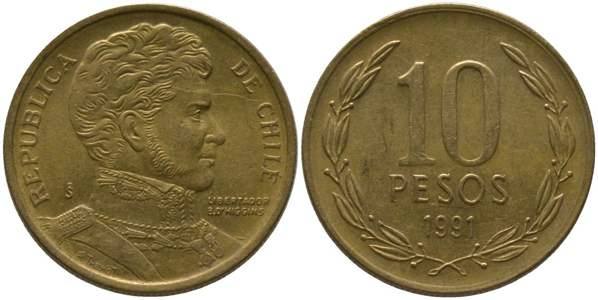 Чили 10 песо 1991 So KM 228.2, Schon 82 алюминиевая бронза 4544-445
