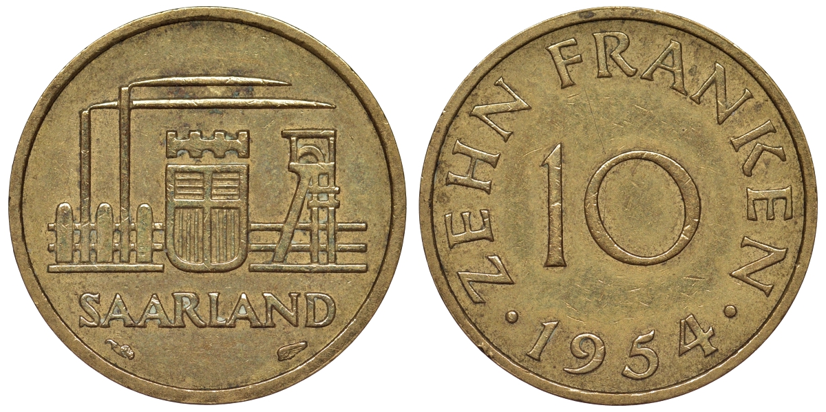 Саарланд 10 франков 1954 индустрия KM 1 алюминиевая бронза 4119-854