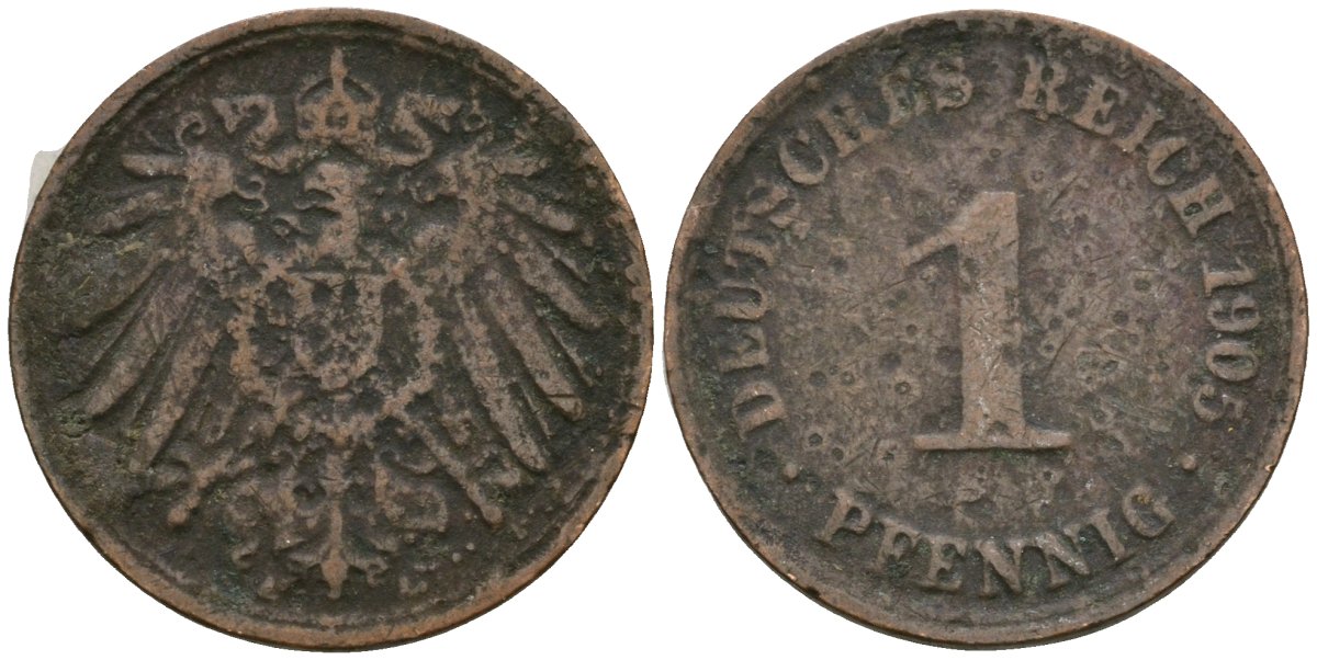 Германия 1 пфенниг 1905 Вильгельм II (1888-1918) KM 10, J. 10 медь 4608-253