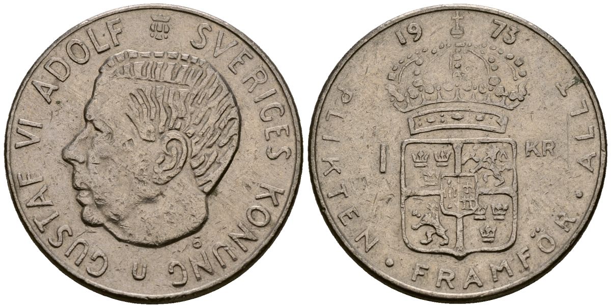 Швеция 1 крона 1973 U, Густав VI Адольф (1950-1973) KM 826а медь плакированная медно-никелем 4176-531