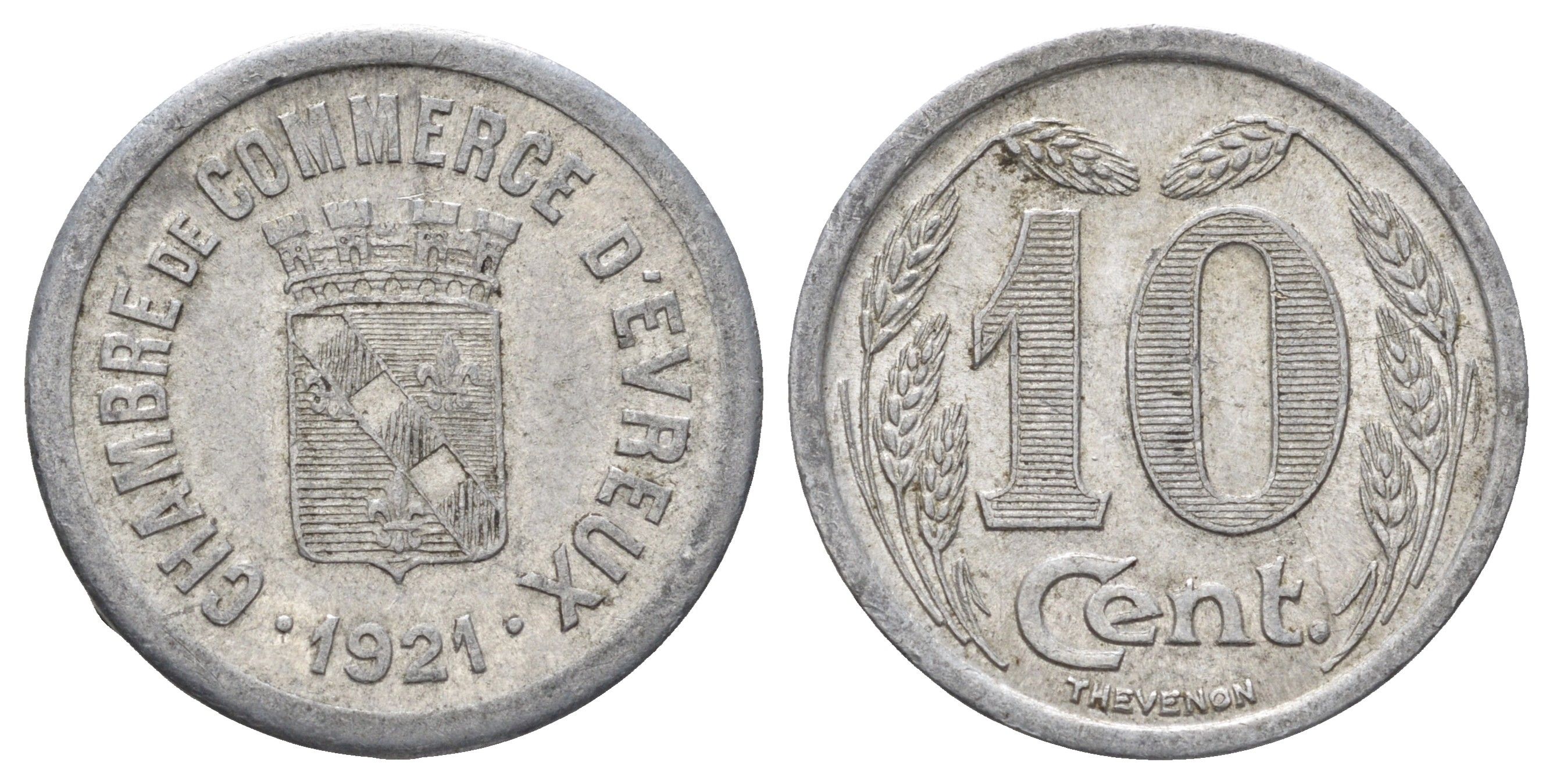 Франция, Эврё 10 сантимов 1921 диаметр 23 мм, вес 1,3 гр Elie mon 10.2 алюминий 4126-1116