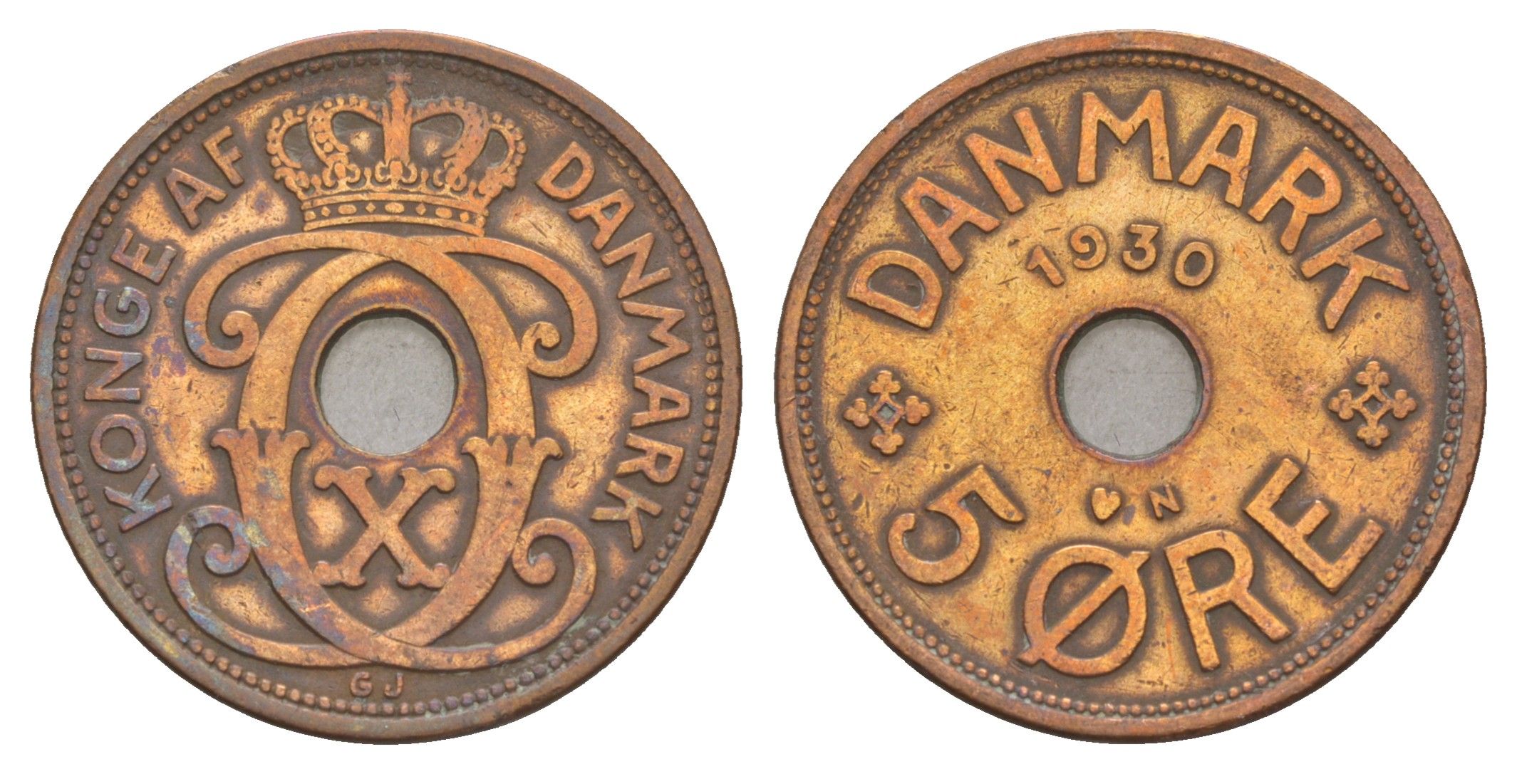 Дания 5 эре 1930 N, Кристиан X (1912-1947) KM 828 бронза 4657-247