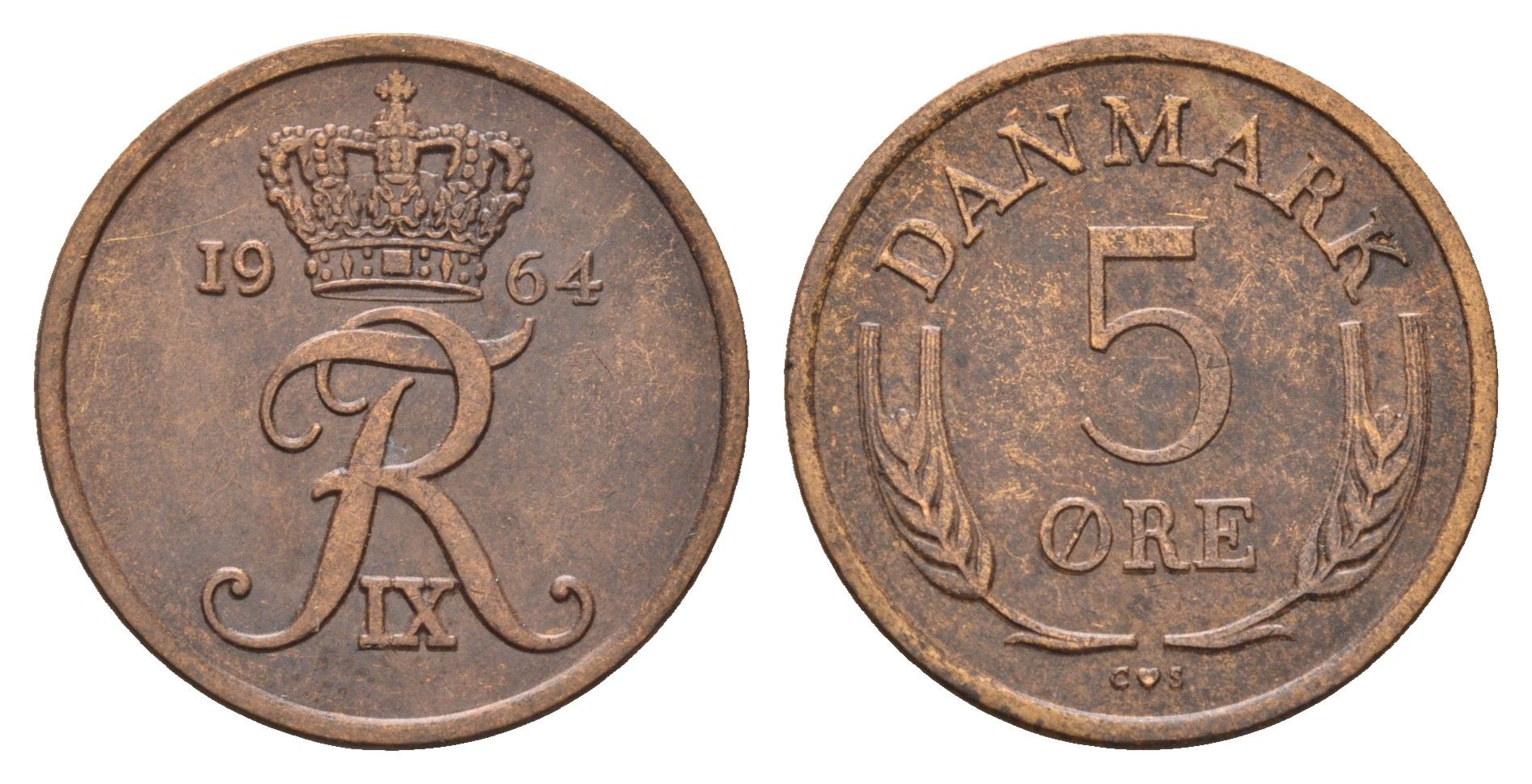 Дания 5 эре 1964 C.S, Фредерик IX (1947-1972) KM 848.1 бронза 4700-856