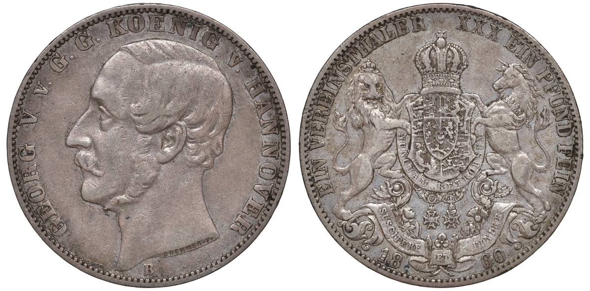 Брауншвейг-Каленберг-Ганновер 1 талер 1860 В, Георг V (1851-1866) КМ 230, AKS 144, Dav. 682, Kahnt 239, Thun 174 серебро 413-4522