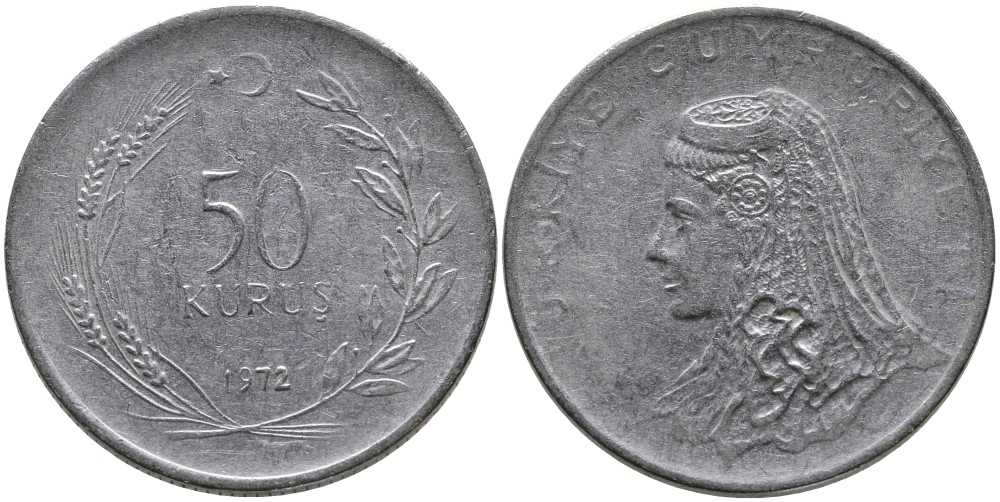 Турция 50 курушей 1972 Анатолийская невеста KM 899 нержавеющая сталь 4541-737