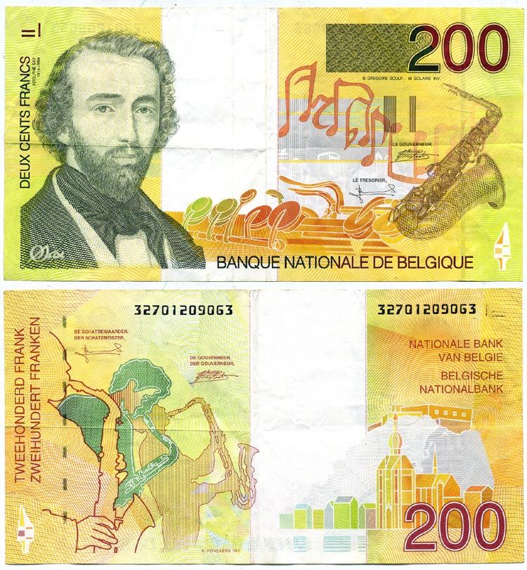 БЕЛЬГИЯ 200 ФРАНКОВ 1995 ПОДПИСЬ (5 И 15), БЕЛЬГИЙСКИЙ ИЗОБРЕТАТЕЛЬ МУЗЫКАЛЬНЫХ ИНСТРУМЕНТОВ АДОЛЬФ САКС (1814-1894) Pick 148 бумага 6301-41-1