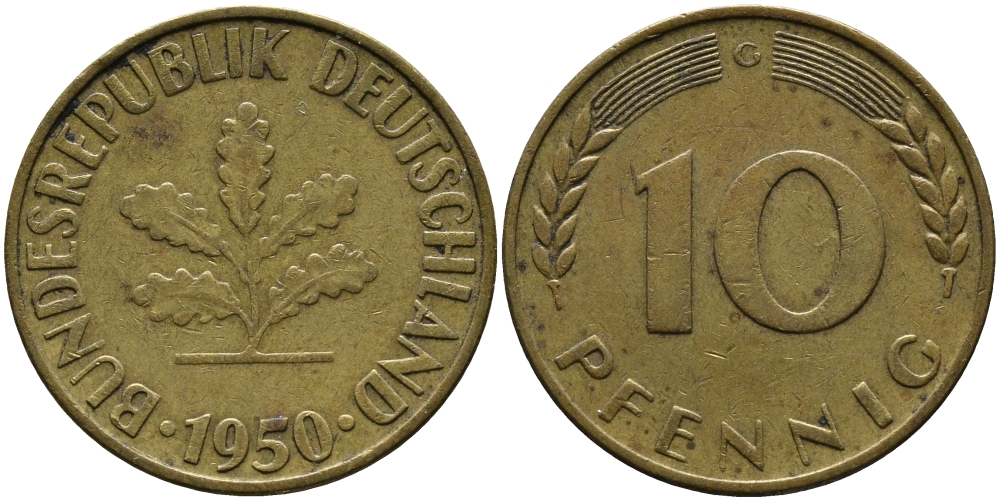 ФРГ 10 ПФЕННИГОВ 1950 G KM 108, J.383 сталь плакированная латунью 33-113