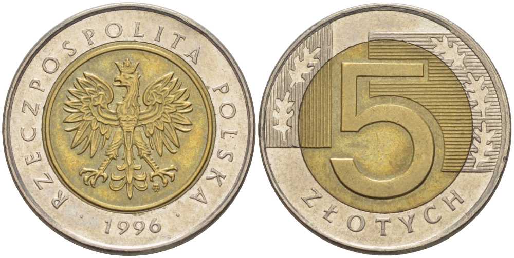 Польша 5 злотых 1996 MW KM 284 биметалл 93-453