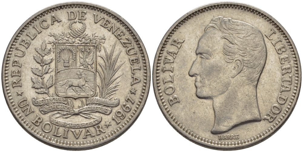 Венесуэла 1 боливар 1967 Симон Боливар KM 42 никель 31-532
