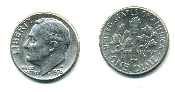 США 10 ЦЕНТОВ = 1 ДАЙМ 1976 D, РУЗВЕЛЬТ KM 195а медь плакированная медно-никелем 54-342