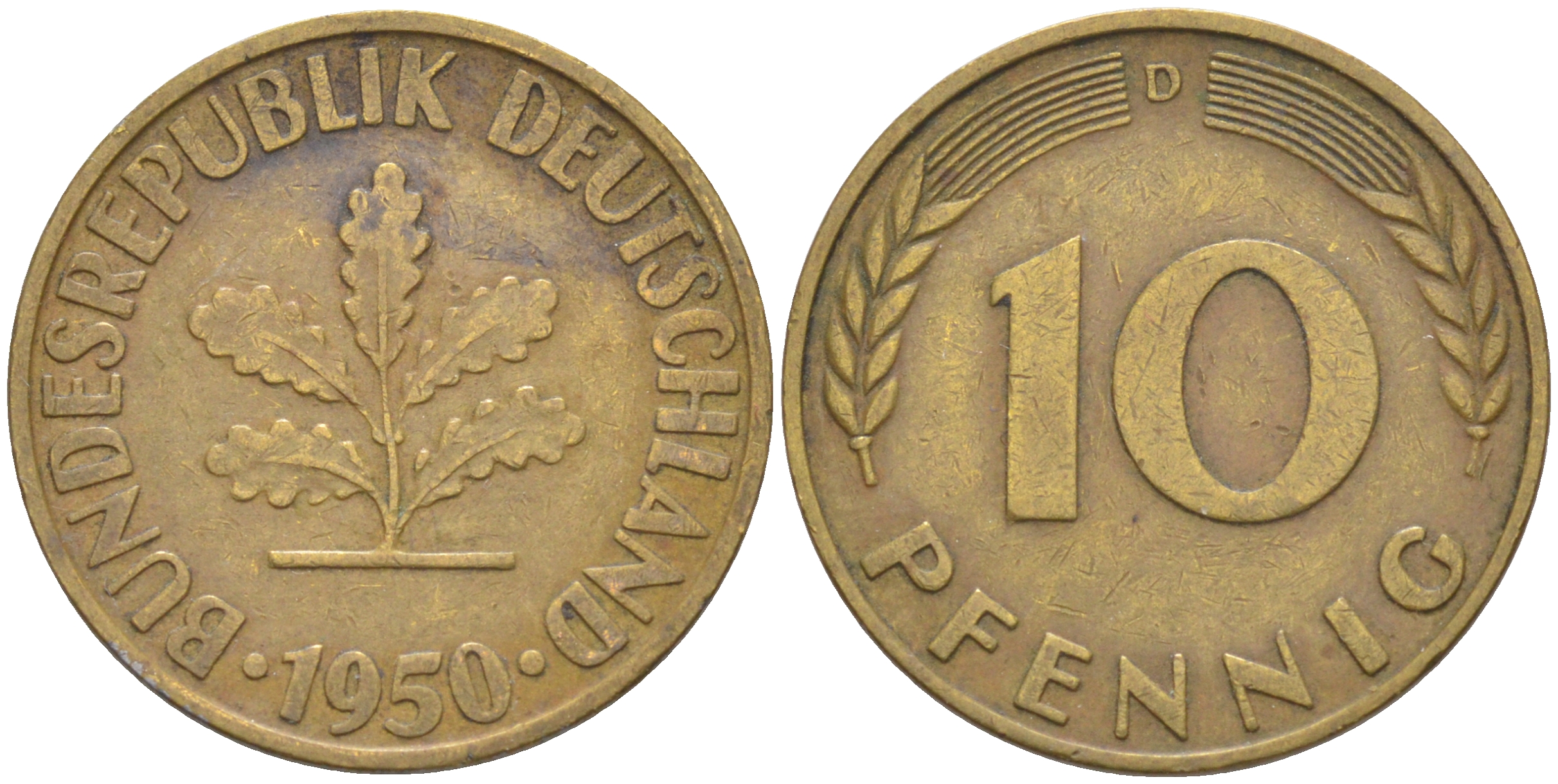 ФРГ 10 пфеннигов 1950 D KM 108, J. 383 сталь плакированная латунью 4513-853