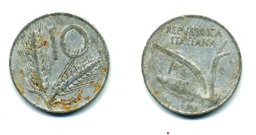 ИТАЛИЯ 10 ЛИР 1951 R, ПЛУГ KM 93 алюминий 23-1316