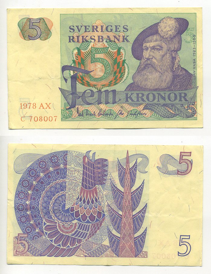 Швеция 5 крон 1978 AX, Густав I Ваза Pick 51d бумага 7203-71-2