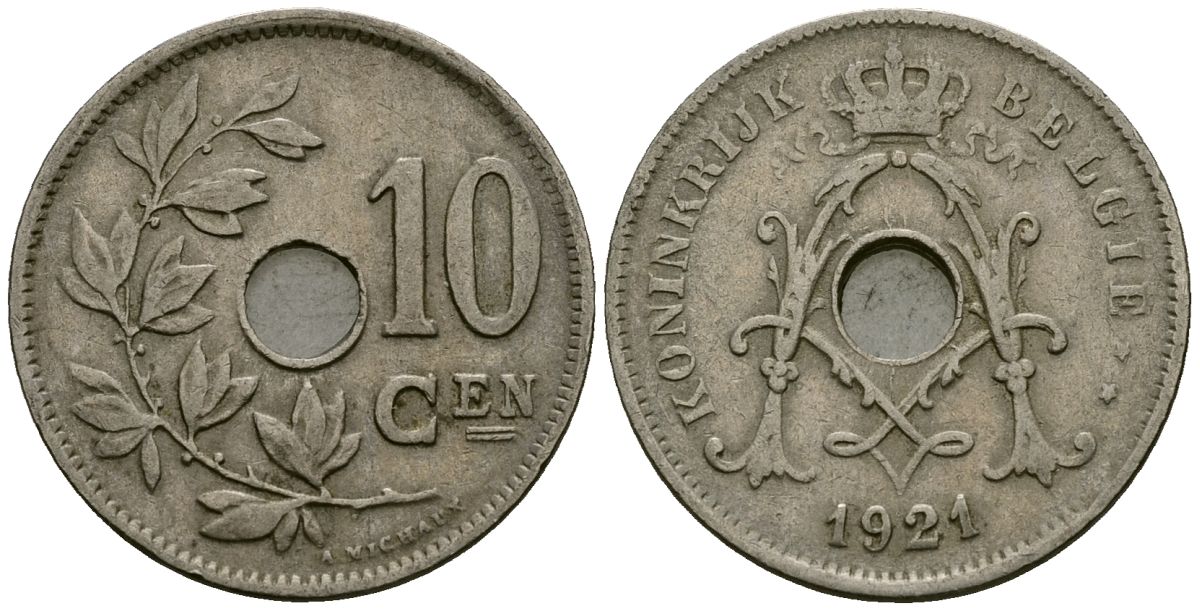 Бельгия 10 сантимов 1921 Belgie KM 86 медно-никель 4172-625