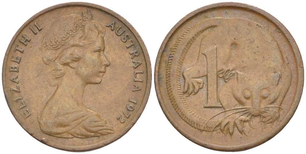 АВСТРАЛИЯ 1 ЦЕНТ 1972 ЕЛИЗАВЕТА II (1952-) МОЛОДОЙ ПОРТРЕТ, ОПОССУМ KM 62 бронза 4516-629