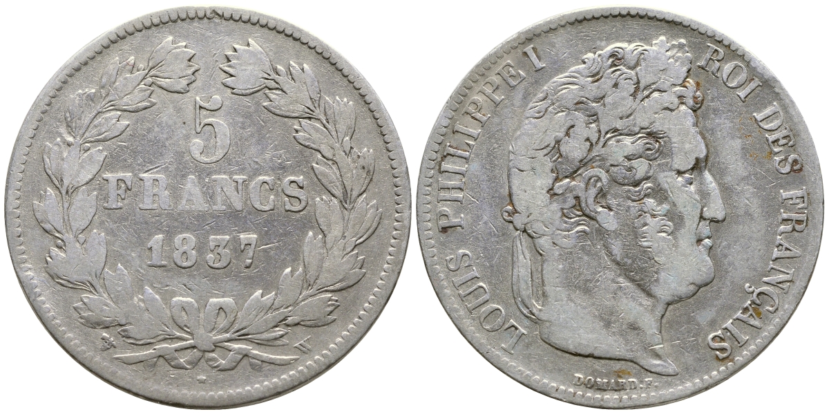 Франция 5 франков 1837 W, Луи Филипп I (1830-1848) KM 749.13 серебро 1066-6-46