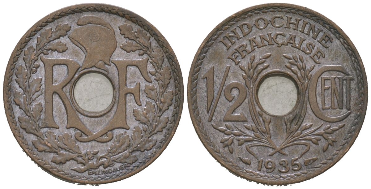 Французский Индокитай 1/2 сантима 1935 KM 20 бронза aUNC 4152-762