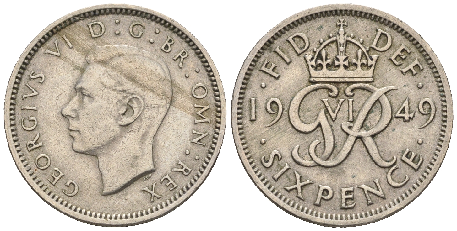 Великобритания 6 пенсов 1949 Георг VI (1936-1952) KM 875, Spink 4110 медно-никель 4609-1122