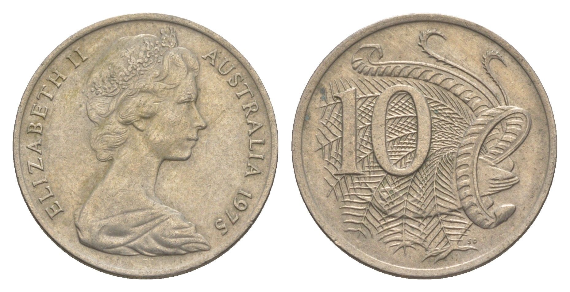 Австралия 10 центов 1975 Елизавета II (1952-2022), птица лирахвост KM 65 медно-никель 4364-334