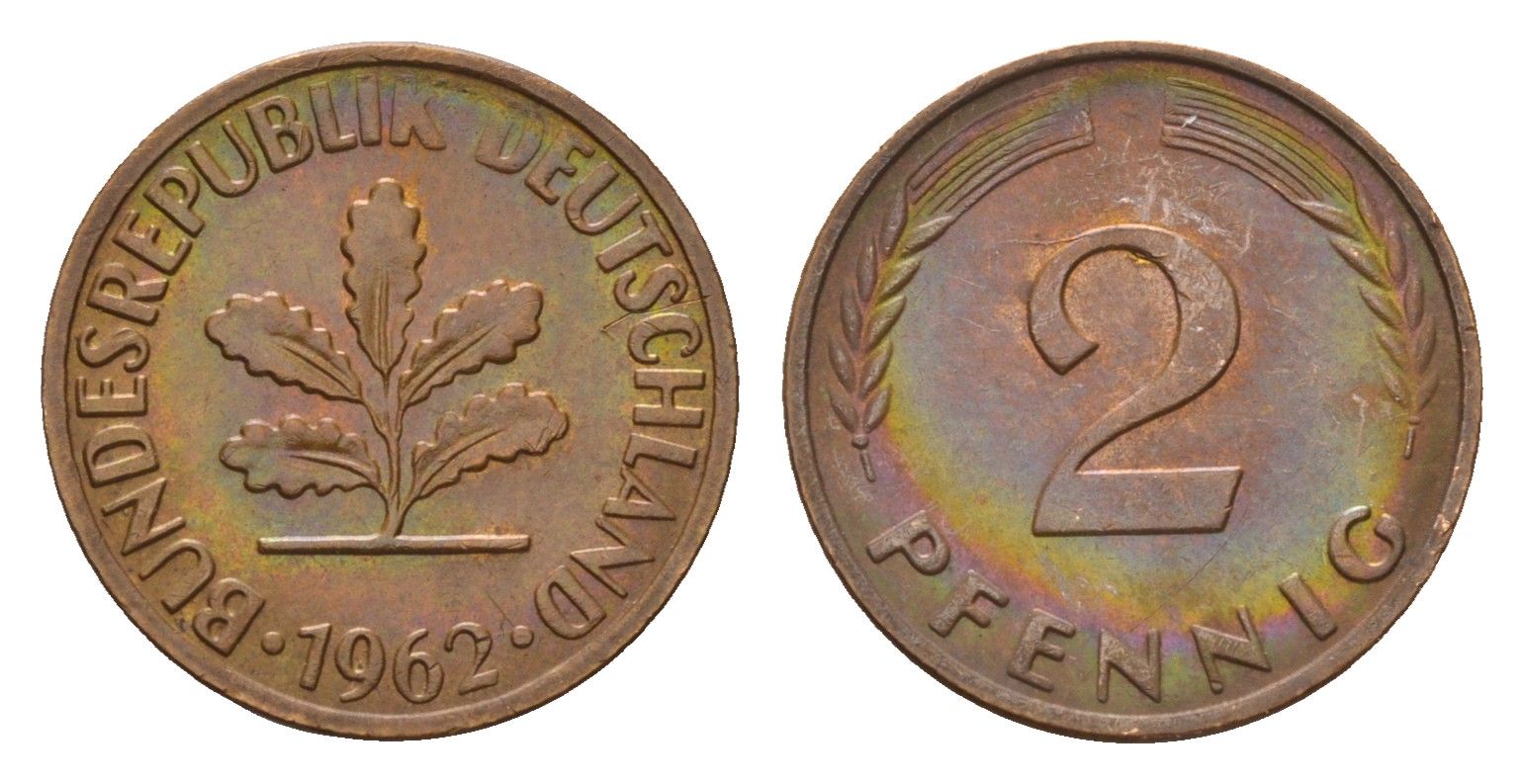 ФРГ 2 пфеннига 1962 F KM 106, J. 381 бронза 4567-917