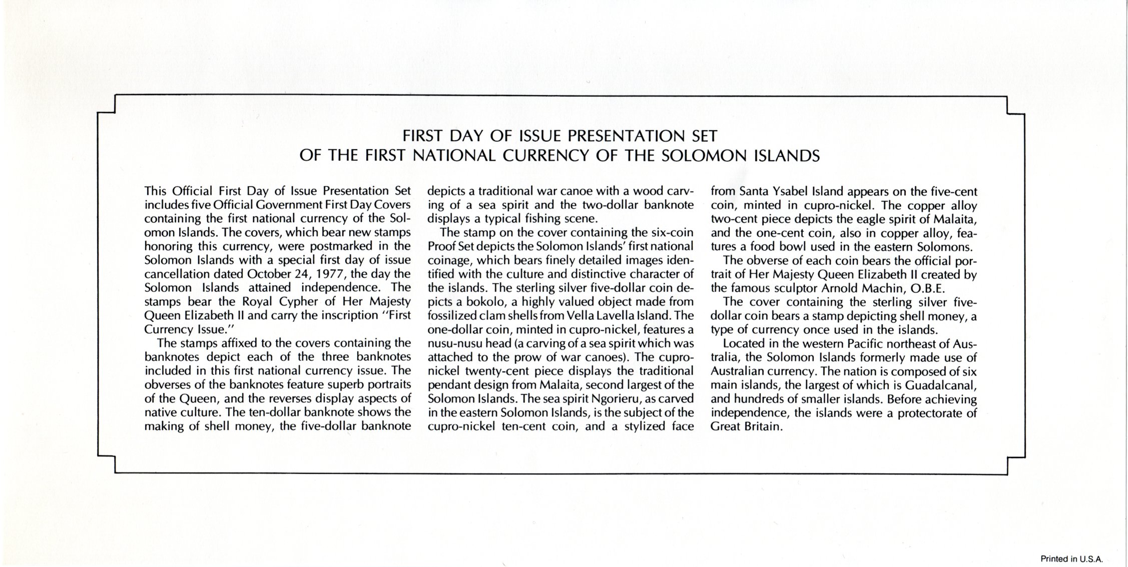 Соломоновы Острова набор "первый день выпуска" 1977 в комплект входит полный выпуск выходящих монет и банкнот в даном году - 7 монет (1, 2, 5, 10 и 20 центов; 1 и 5 долларов) и 3 банкноты (2, 5 и 10 долларов). 8-2-04-39